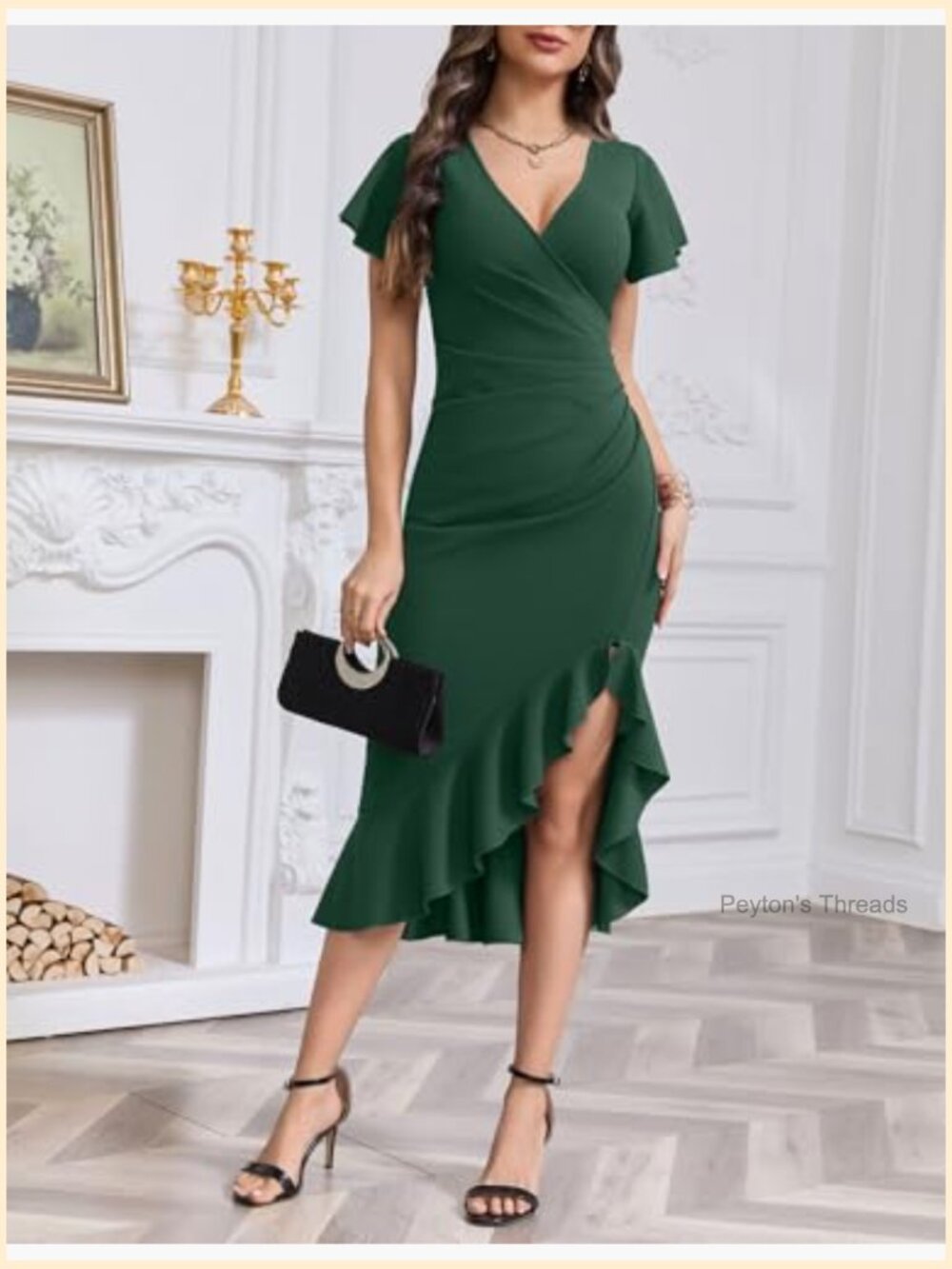 Faux Wrap Ruched Bodycon Midi Dress with Ruffle Hem - Picture 2 of 7